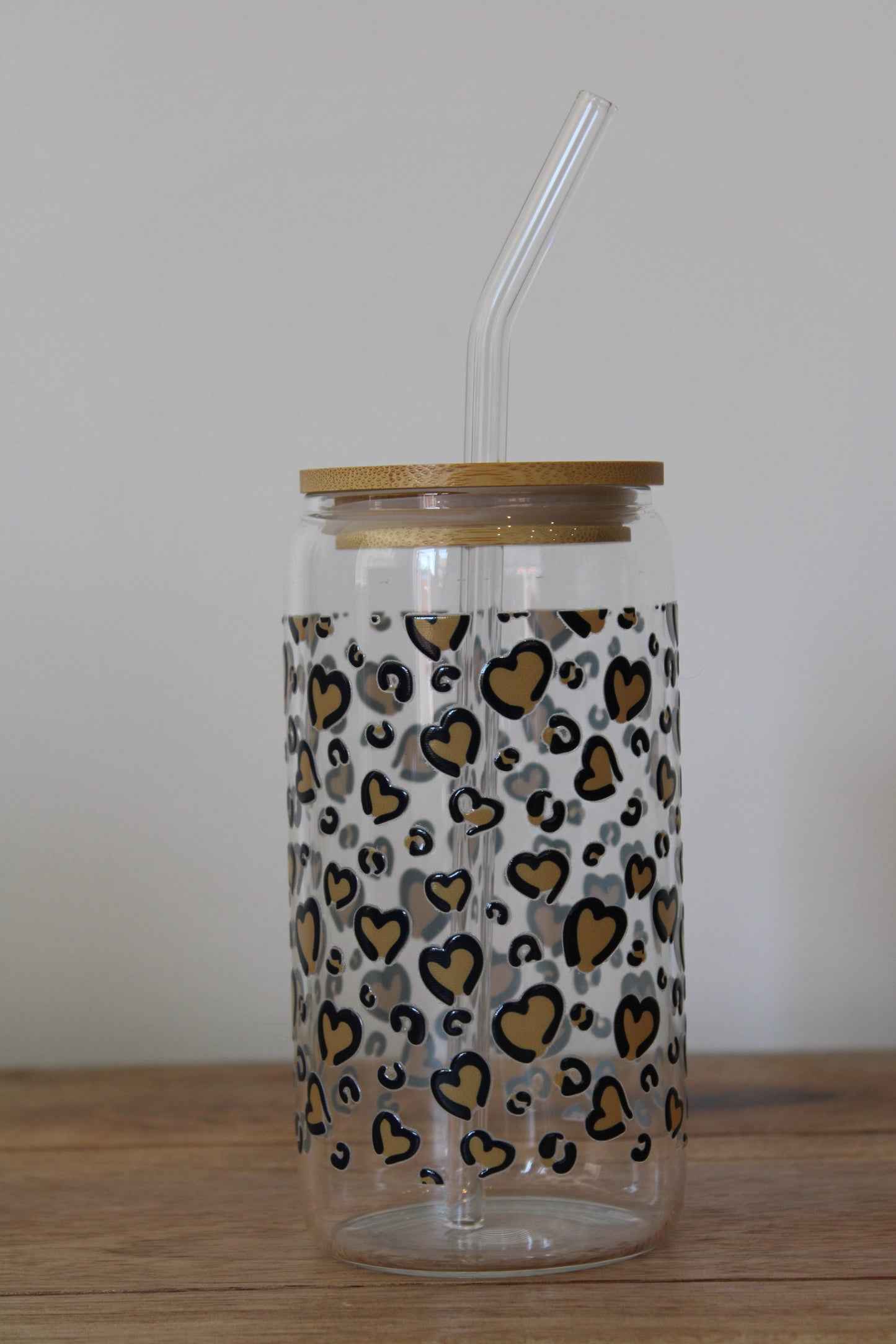 Leopard Heart 16oz Glass Can