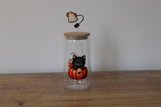 Pumpkin Kitty 16oz Glass Can