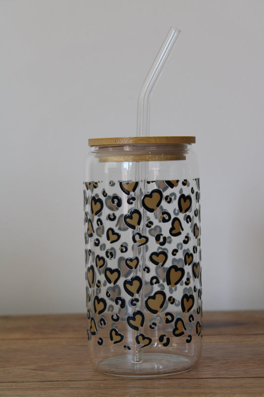Leopard Heart 16oz Glass Can