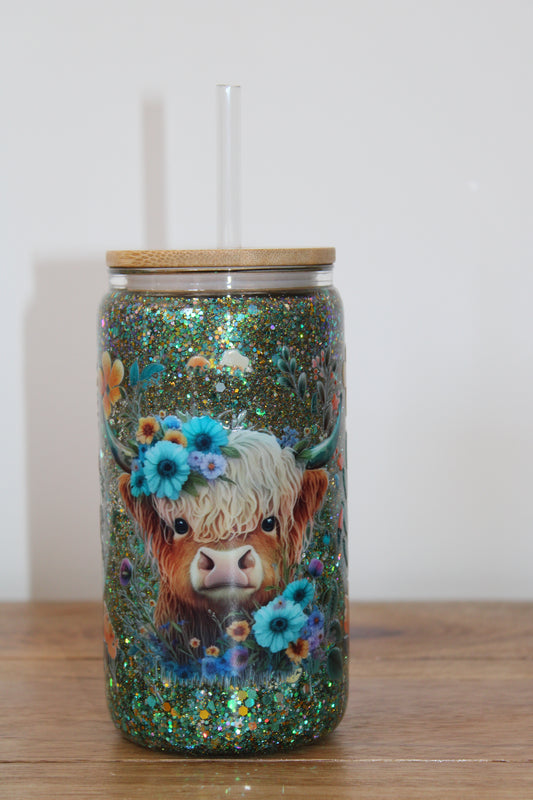 Highland Cow Glitter Snowglobe Glass Can (16oz)