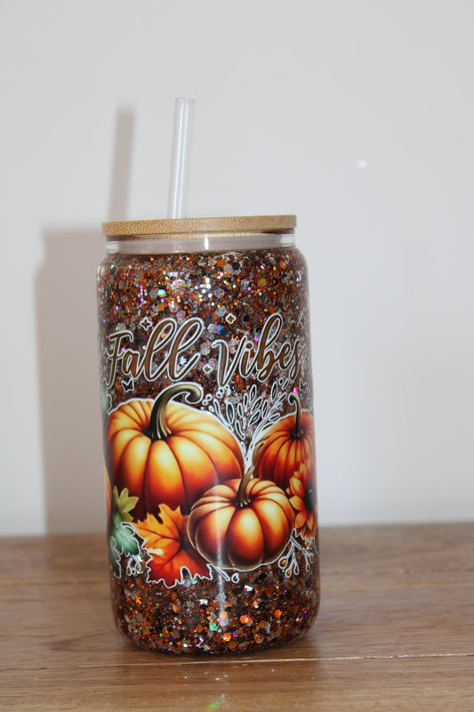 Fall Vibes Glitter Snowglobe Glass Can (16oz)