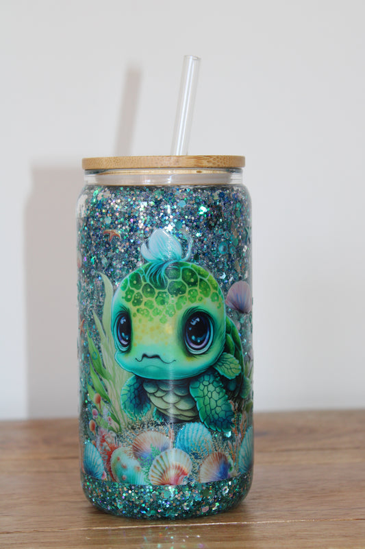 Ocean Turtle Glitter Snowglobe Glass Can (16oz)